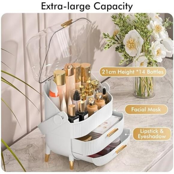 White Makeup Organizer with Lid Skincare Storage Box for Vanity Bathroom - Picture 4 of 7